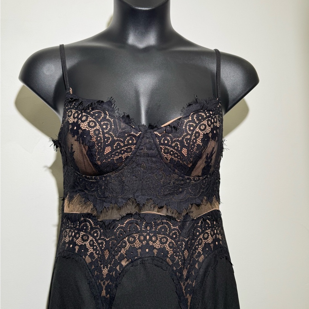 May & July Black Lace Corset Maxi Dress L Sheer Bodice